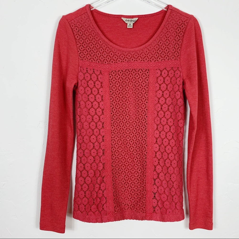 LUCKY BRAND Red Lace Thermal Waffle LS Shirt M